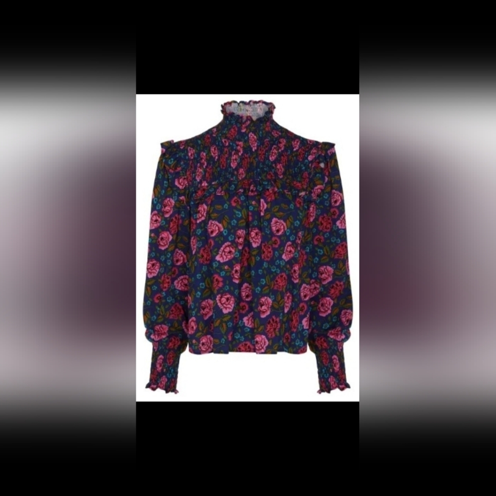 Ghost London Blue Floral Smocked Blouse Pink Roses High Neck Top L